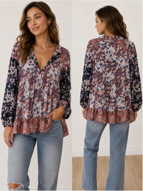 Free People XS Floral Patchwork Boho Tunic Blouse Long Sleeve Ruffle Hem